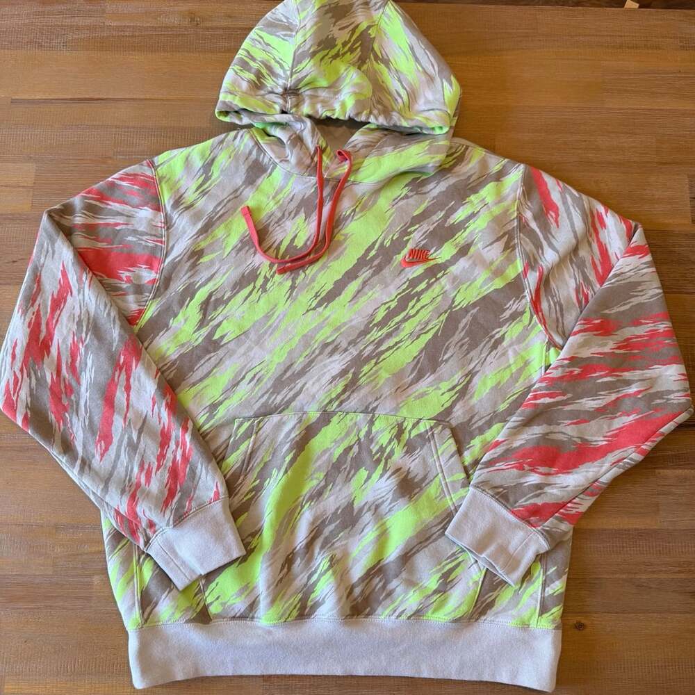 Nike All Over Print Tiger Camo Neon Lime Pink Fleece Hoodie Medium